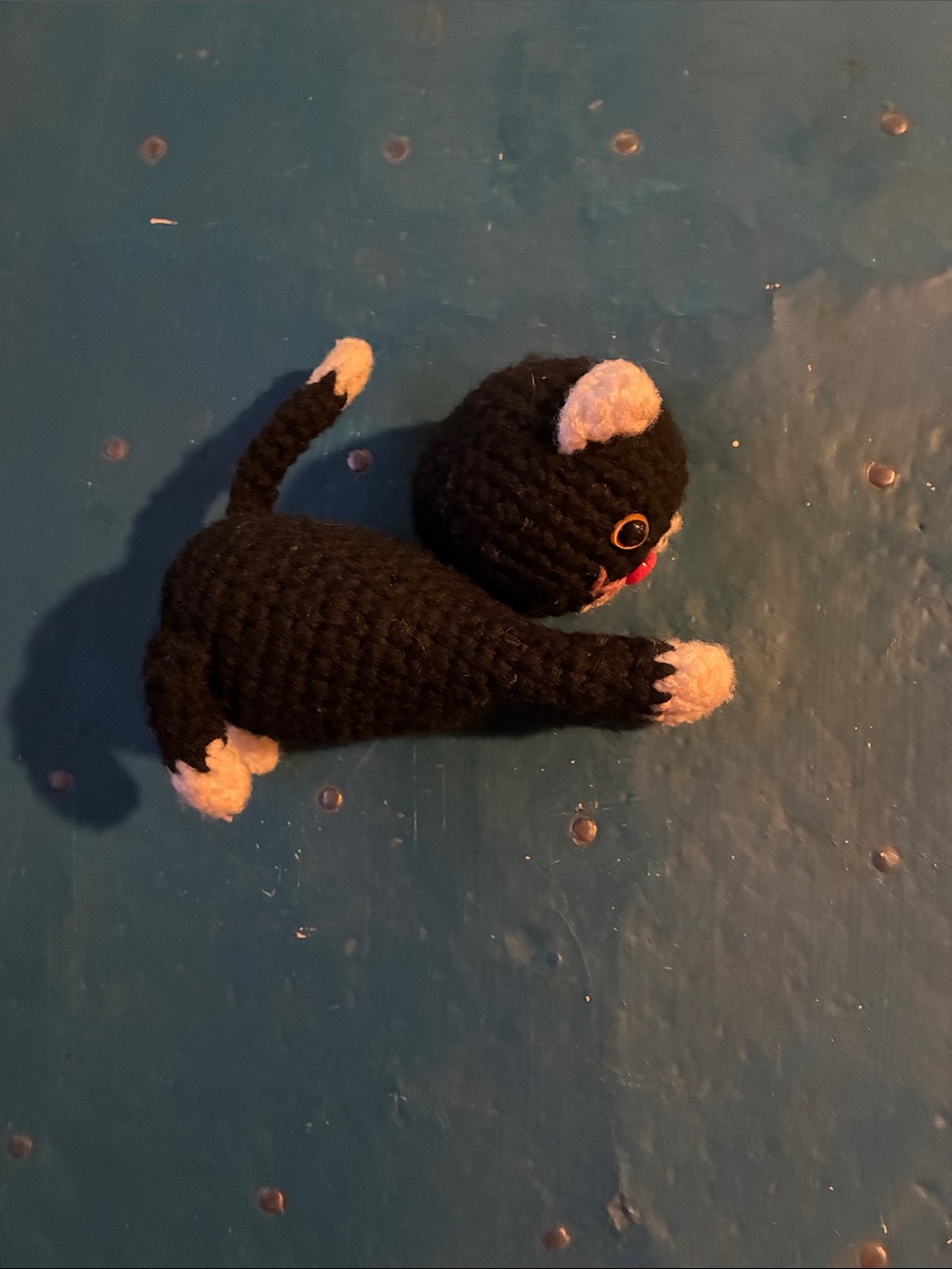 Hand Knitted Black Cat Plush Decor - Black with Cream Accents